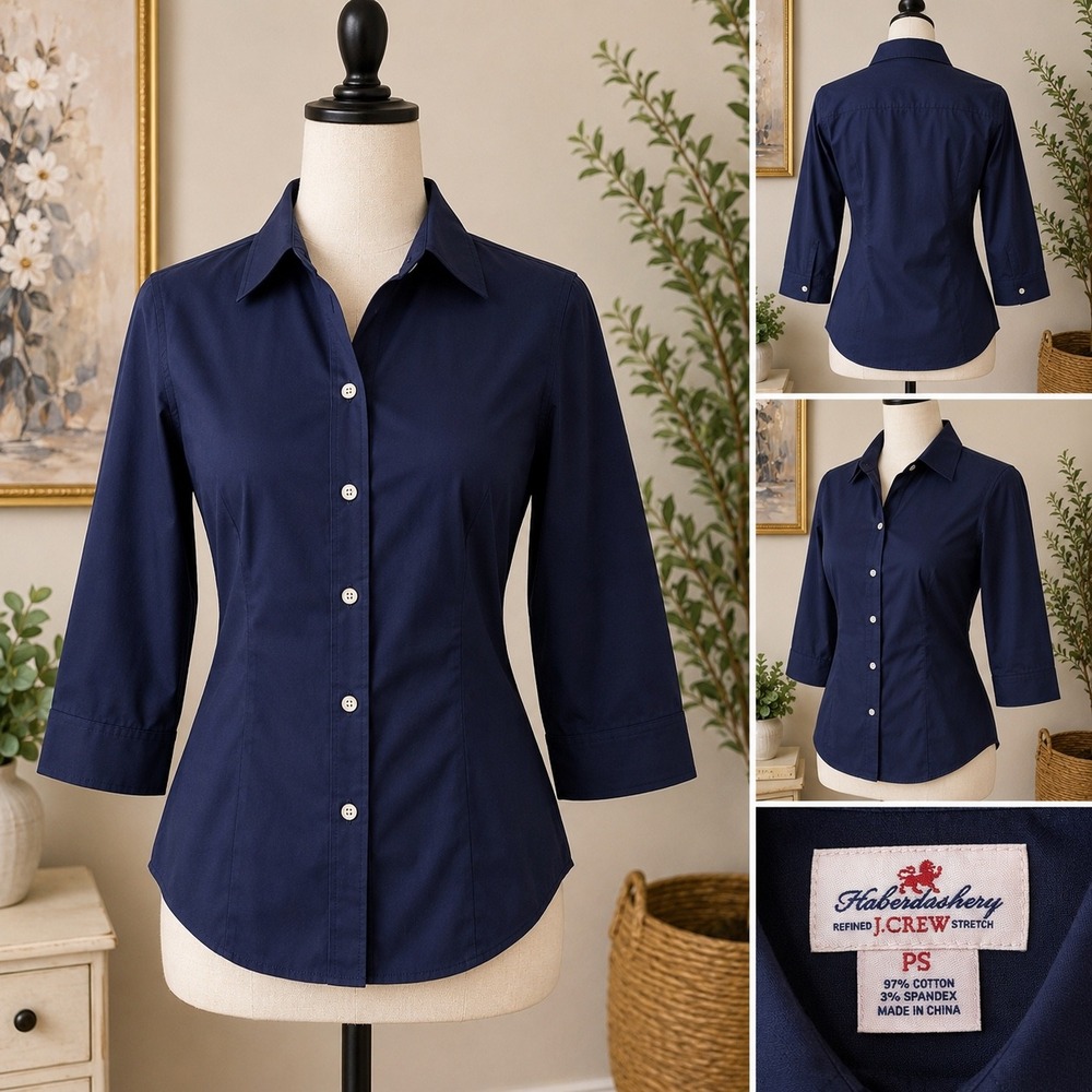 J.Crew Haberdashery Navy Blue Refined Stretch 3/4 Sleeve Button Down Shirt PS